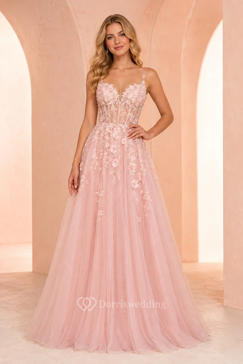 Rosafarbenes, mit floralen Applikationen verziertes A-Linien-Abendkleid aus Tüll mit Spaghettiträgern