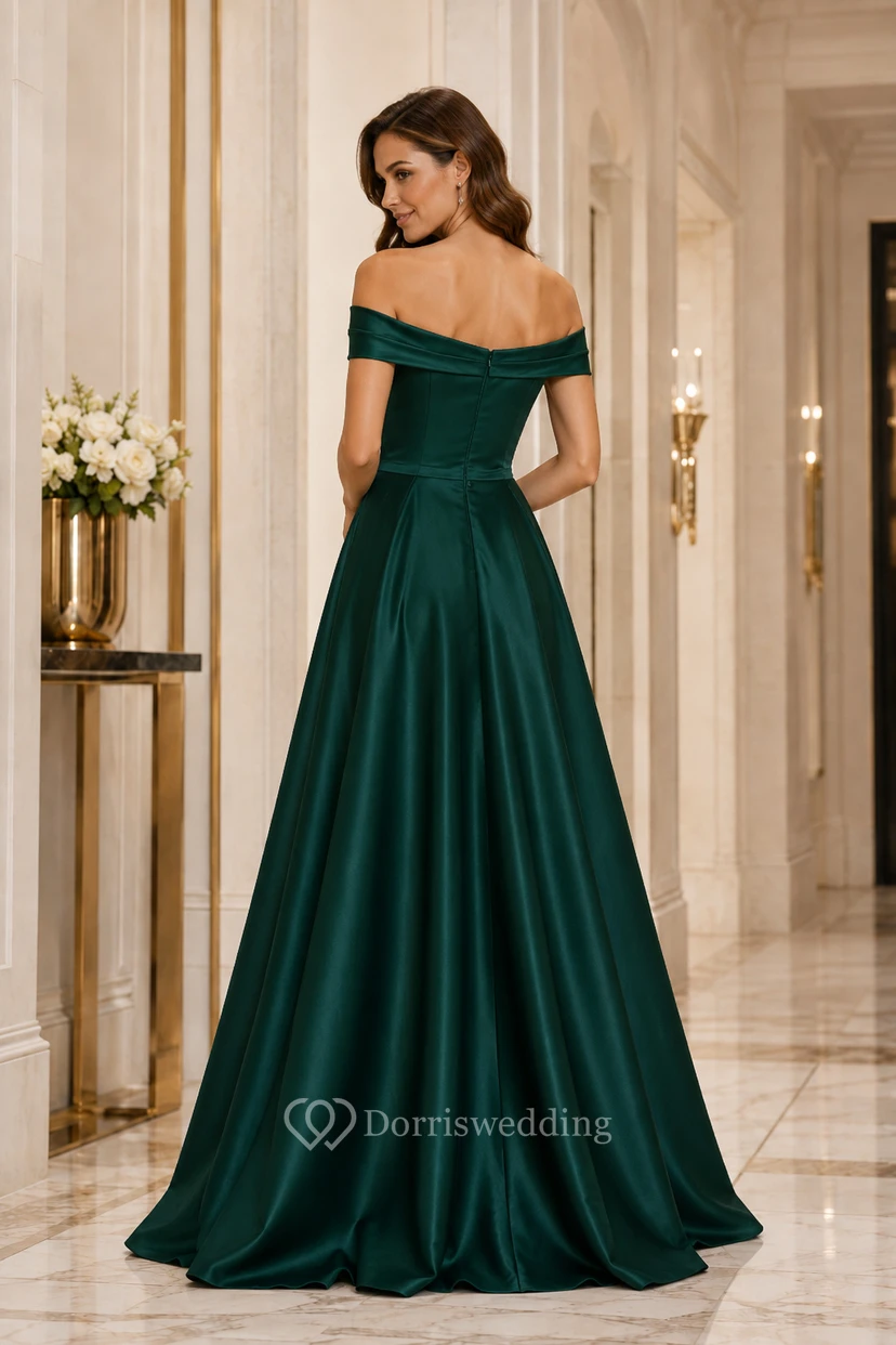 Dunkelgrünes schulterfreies A-Linien-Abendkleid aus Satin mit bodenlangem Prinzessinnenrock view 2