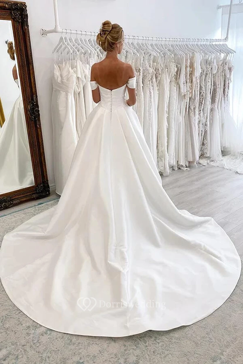 Off-the-shoulder Satin Ball Gown Elegant Wedding Dress view 2