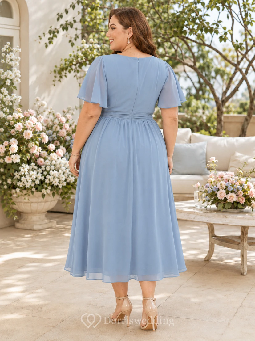 Robe de maternité grande taille bleu acier, col en V, manches papillon, en mousseline, longueur thé view 2