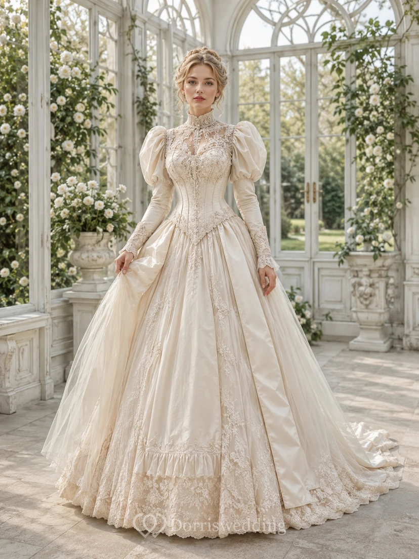 Champagne High-Neck Long-Sleeve Taffeta Lace Ball-Gown Floor-length Sweep Vintage Formal Gown