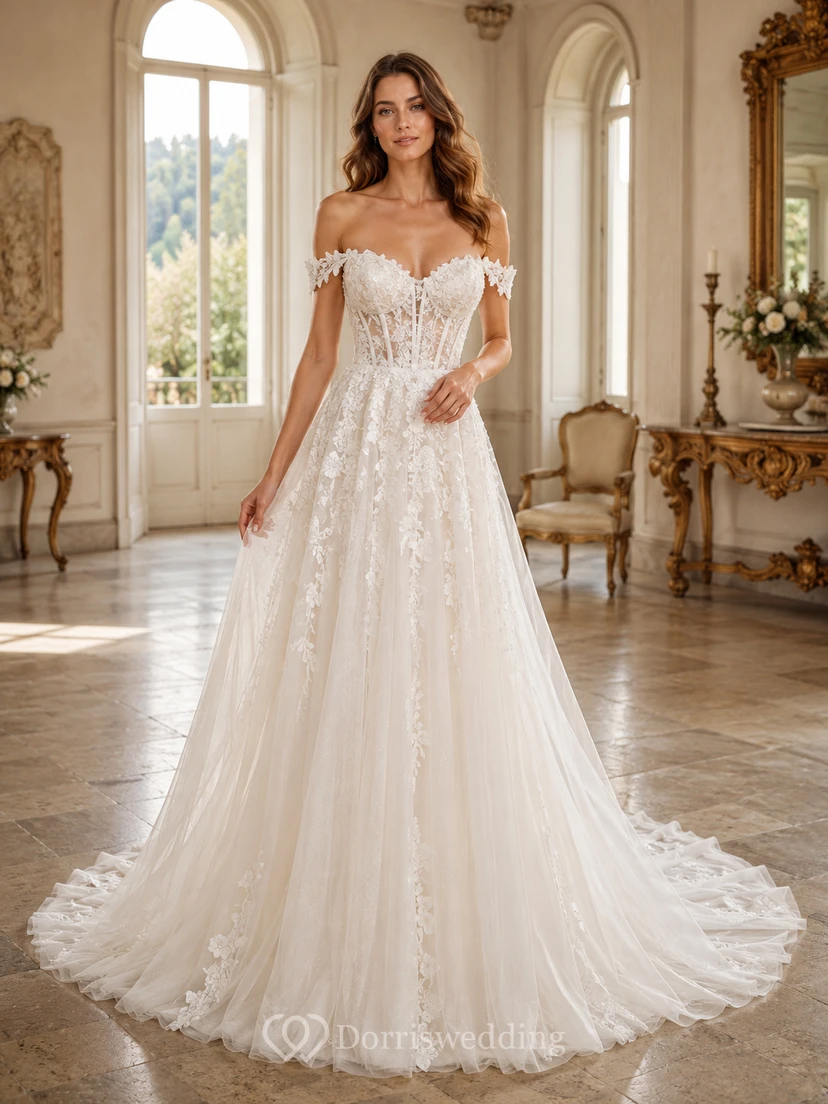 Robe de mariée classique en dentelle et tulle, épaules dénudées, manches courtes, coupe trapèze, traîne chapelle, applications florales, fermeture éclair au dos