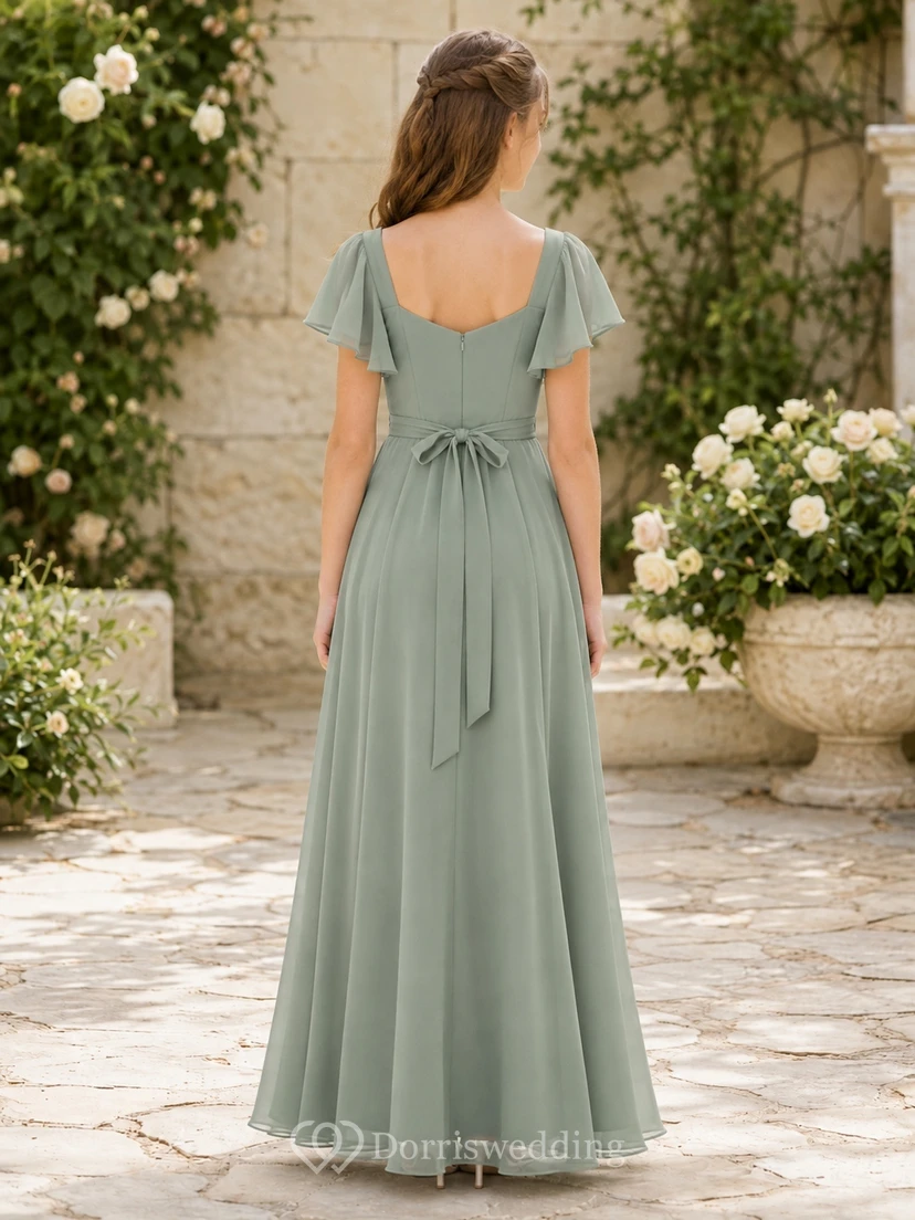 Celadonfarbenes Brautjungfernkleid für junge Damen, A-Linie, Rundhalsausschnitt, kurze Blütenblattärmel, Schärpe/Band, elegant, romantisch view 2