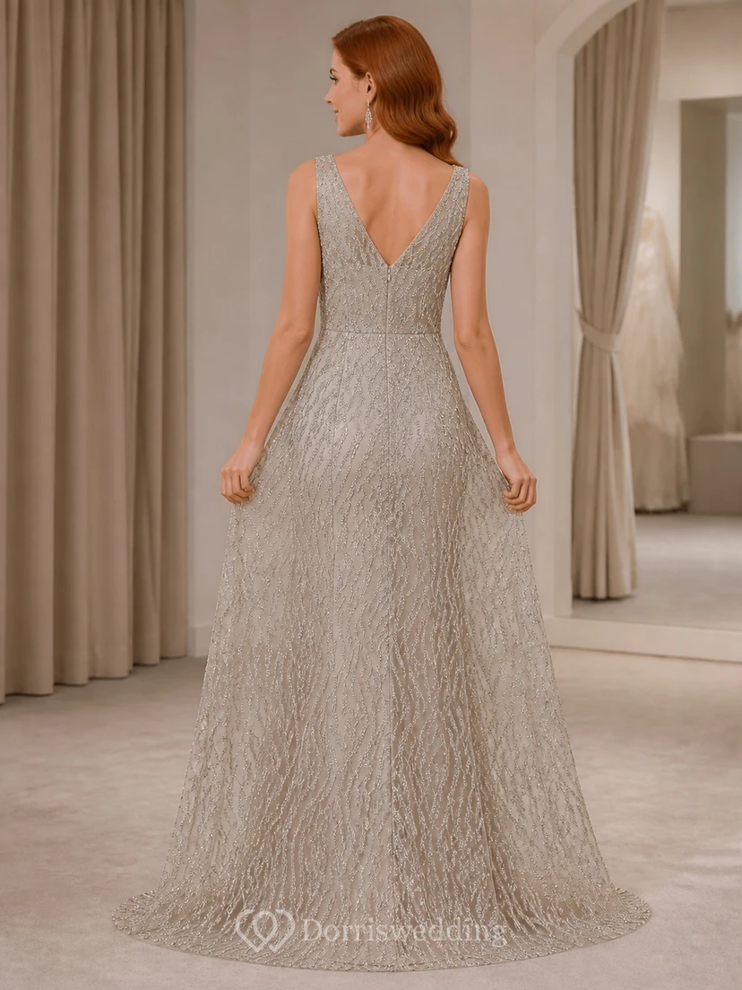 Luxury Silver A-Line V-neck Beaded Lace Floor-length Evening Gown view 2
