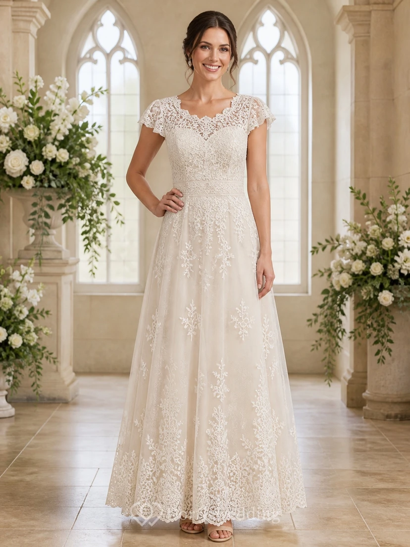 Vestido de novia modesto con escote barco, apliques de encaje y mangas cortas, corte A