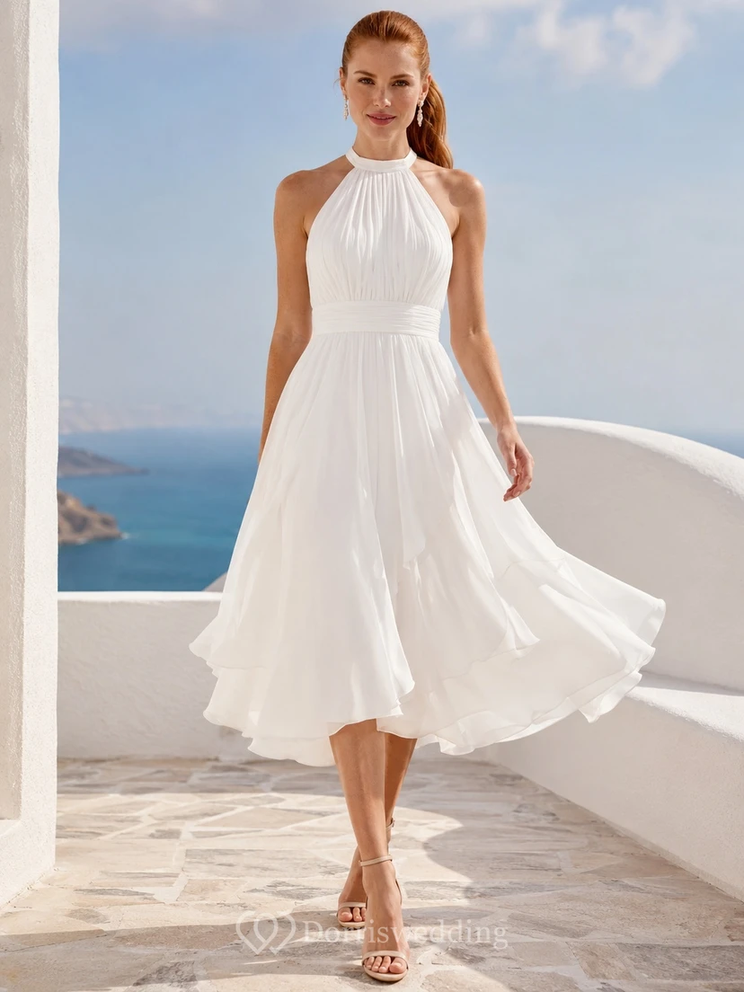 White Chiffon Halter Sleeveless A-Line Tea-length Pleated Elegant Romantic Garden Evening Dress