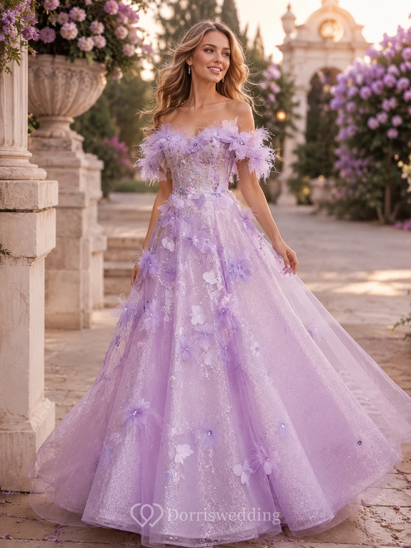 Hellblaues schulterfreies Ballkleid mit Blumenmuster view 3