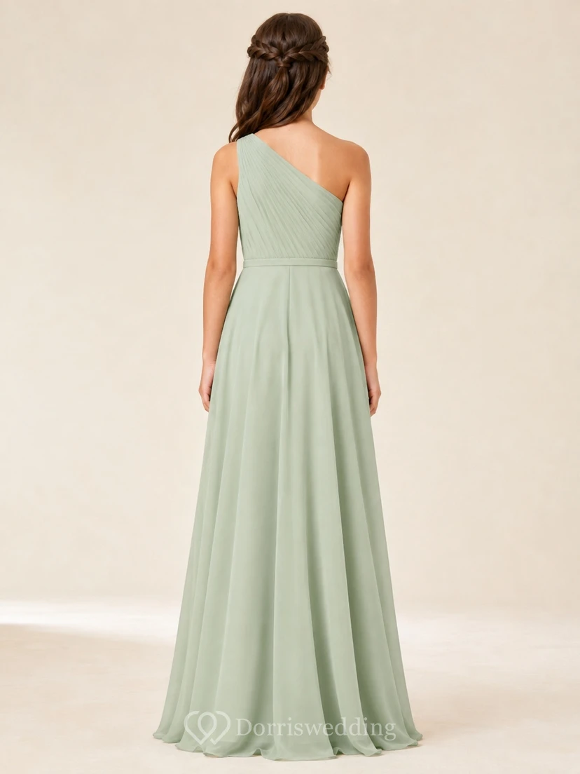 Elegantes junges Brautjungfernkleid in Celadon-Tönen, A-Linie, One-Shoulder, ärmellos, aus Chiffon view 2