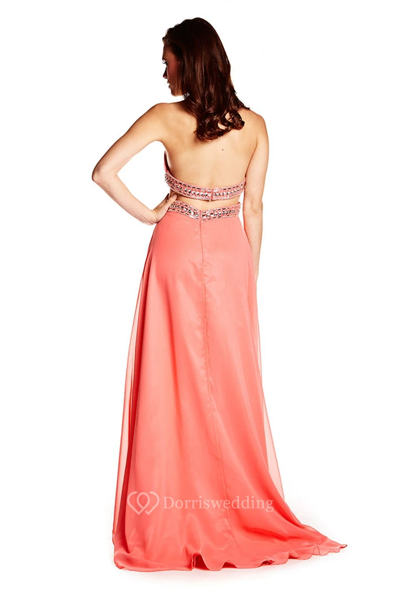 Beaded Halter Sleeveless Chiffon Prom Dress With Brush Train view 2