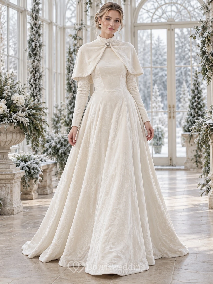 Vestido de novia de corte A con capa de terciopelo, cuello alto y mangas largas, estilo modesto, ideal para invierno.