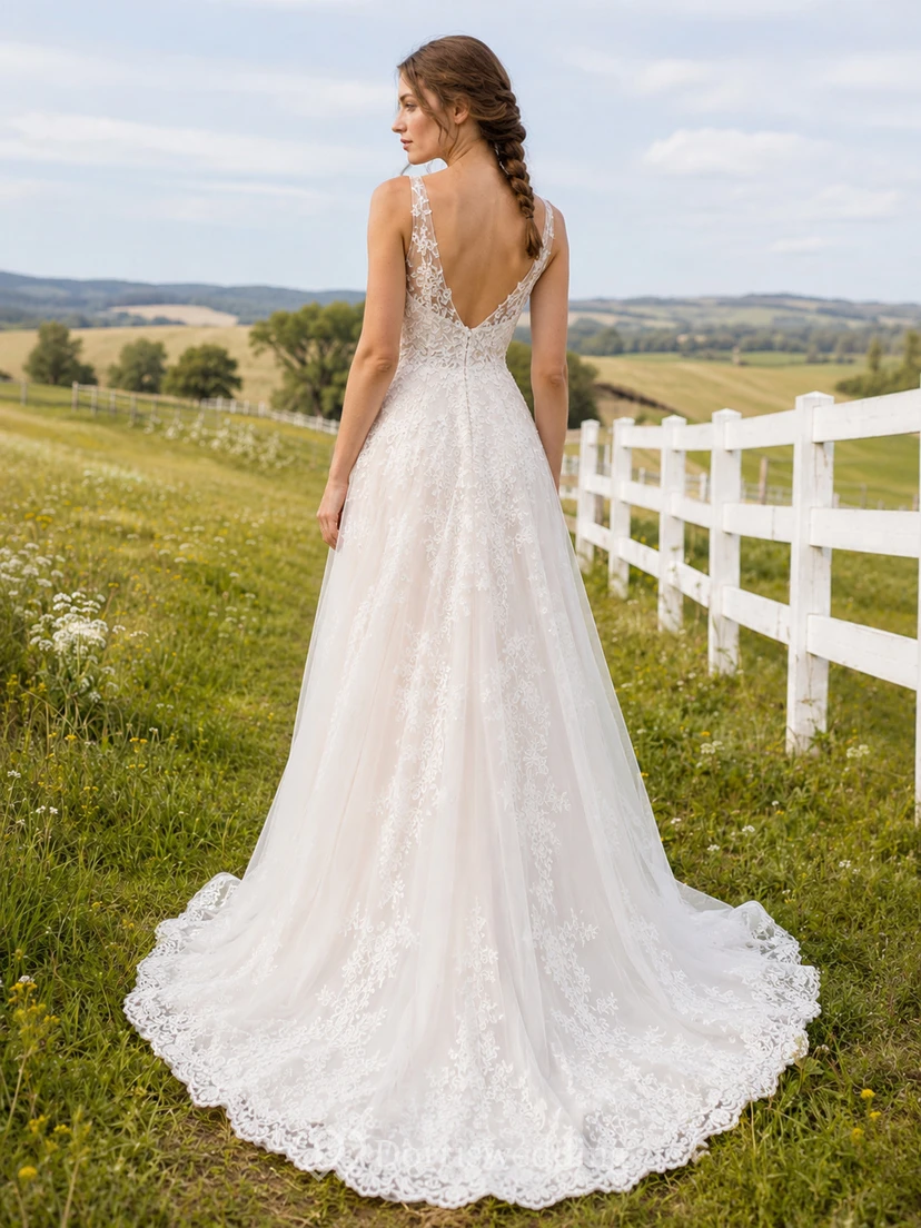 Country V-Neck Sleeveless Floral Lace A-Line Court Train Rustic Wedding Dress view 2