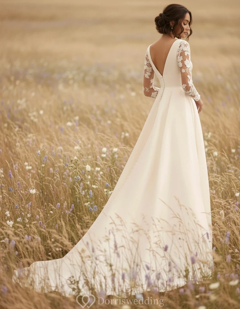 V-Neck Illusion Long Sleeve Satin Lace Wedding Dress