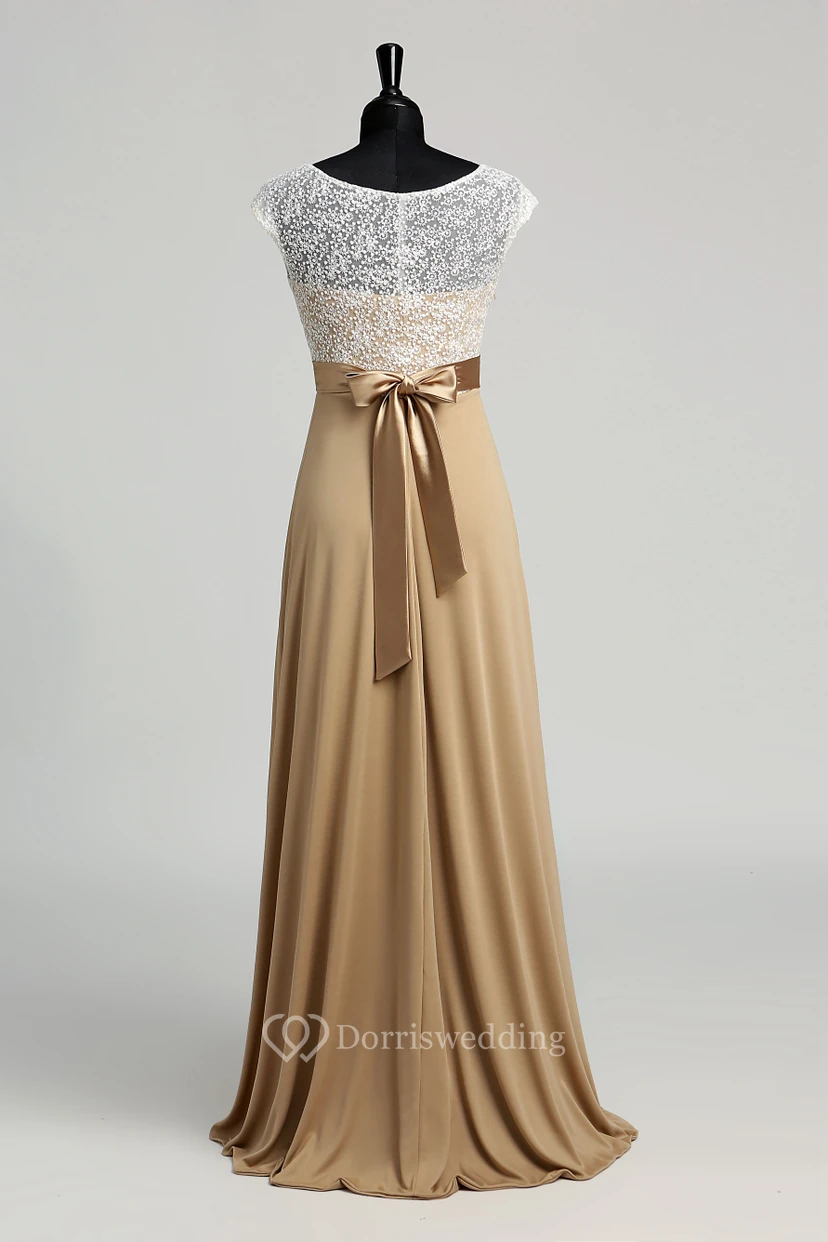 A-line Bateau Cap Short Sleeve Floor-length Jersey Lace Dress view 2
