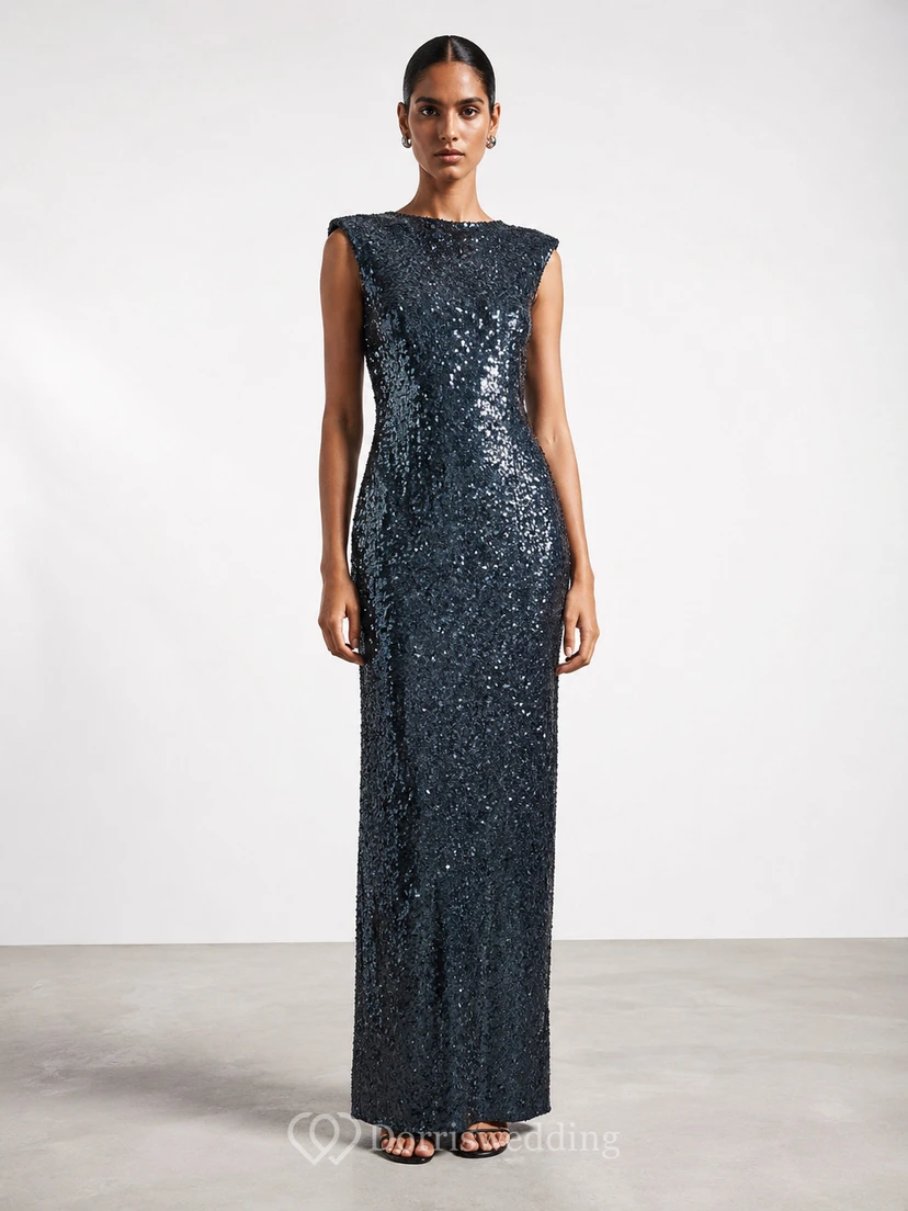 Sheath Sequin Evening Dress with Jewel, Sleeveless and Sequins, Floor Length