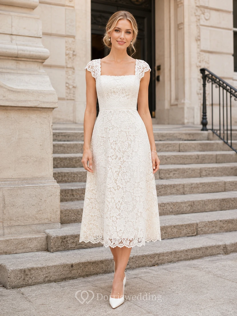 Vestido de novia civil midi sencillo de encaje con mangas cortas