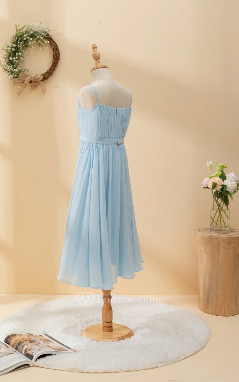 Chiffon Ruffled Short Pleated Sky Blue Flowergirl Dress with Petals view 12
