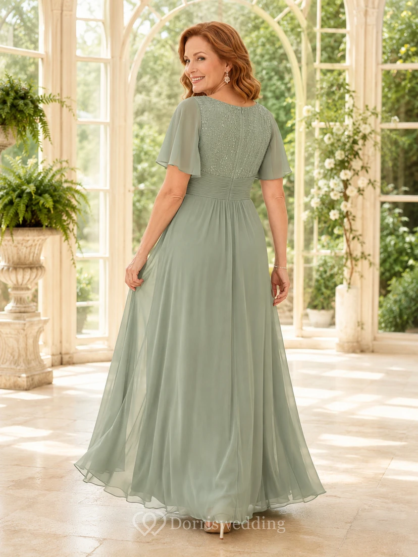 Elegantes, bodenlanges Chiffonkleid in Salbeigrün für reife Mütter mit Rundhalsausschnitt, flatternden Ärmeln, Perlenbesatz, Empire-Taille und A-Linie. view 2
