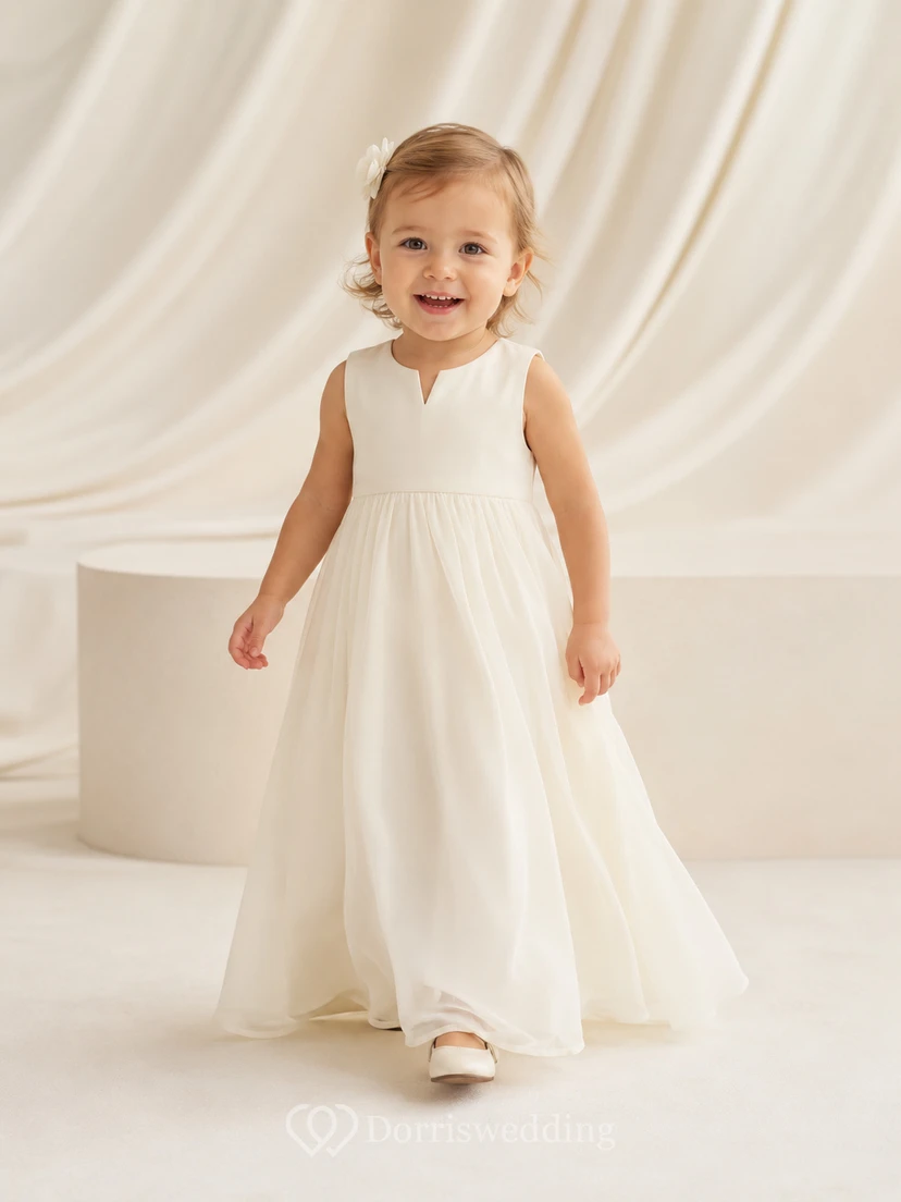 Minimalistisches Taufkleid für Babys, A-Linie, knöchellang, V-Ausschnitt, ärmellos, Chiffon, Knopfleiste am Rücken