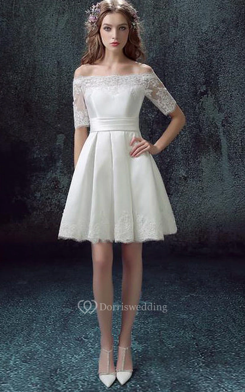 Half-sleeved A-line Short Satin Dress with Lace view 3