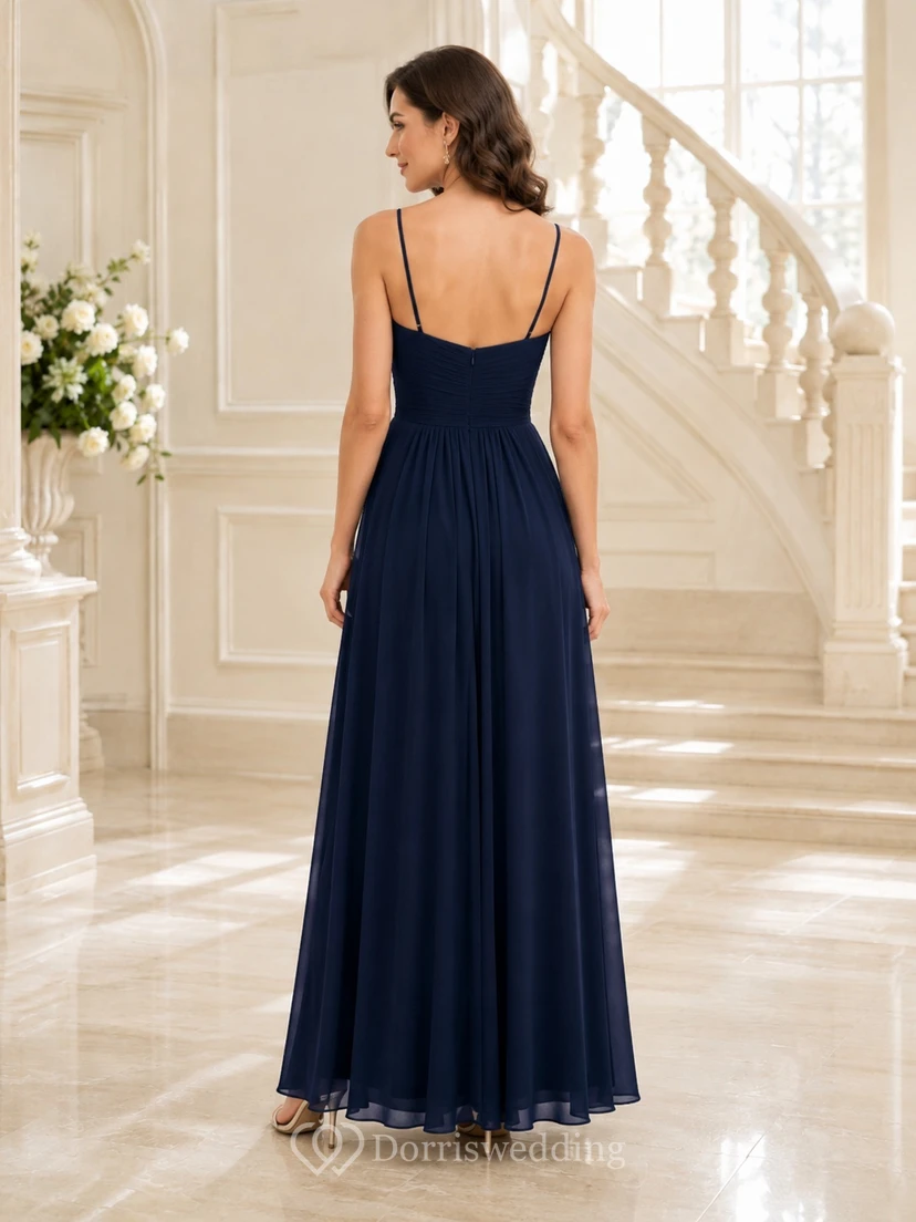 Navy Chiffon Spaghetti Strap Sweetheart Floor-length Evening Dress with Side Split view 2