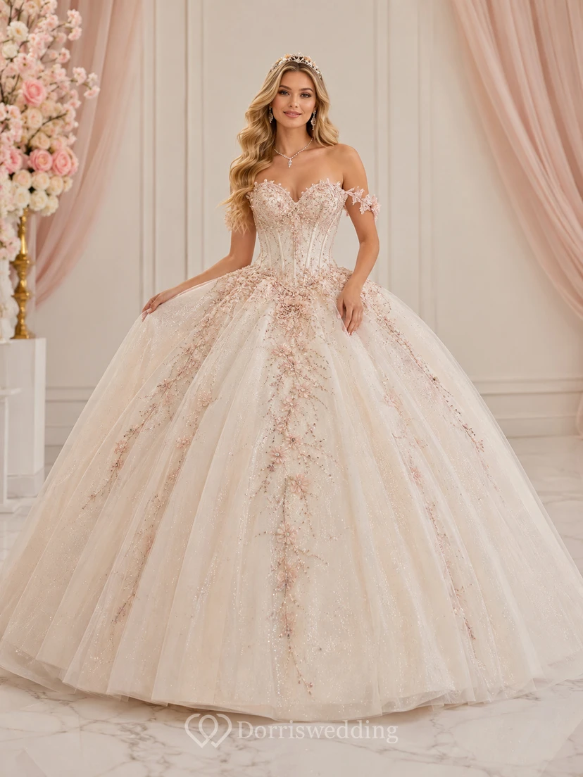 Ivory Blush Luxury Off Shoulder Floral Embroidered Quinceanera Princess Formal Ball Gown
