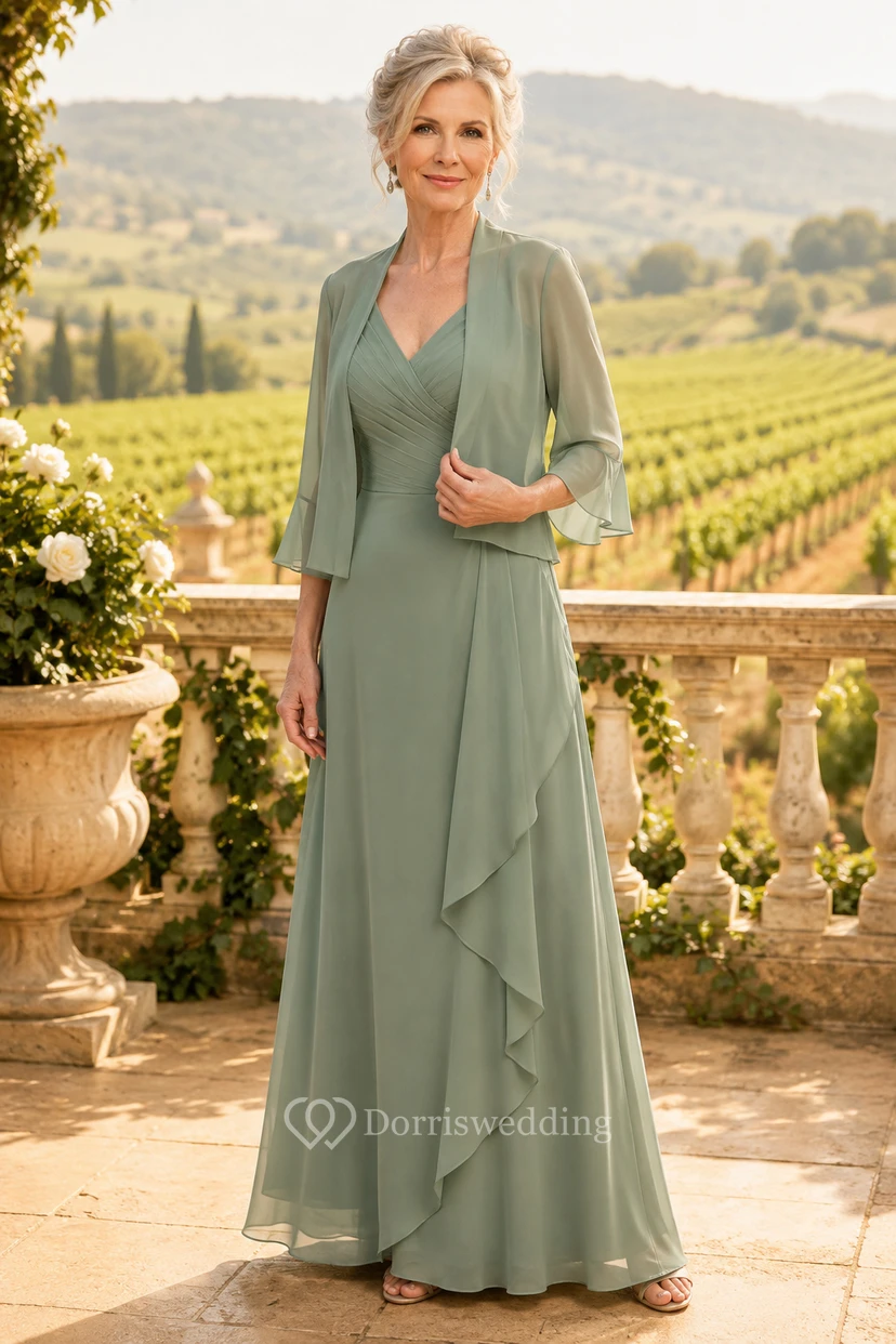 Salbeigrünes Chiffon-Kleid in A-Linie mit Jacke und Rüschenrock