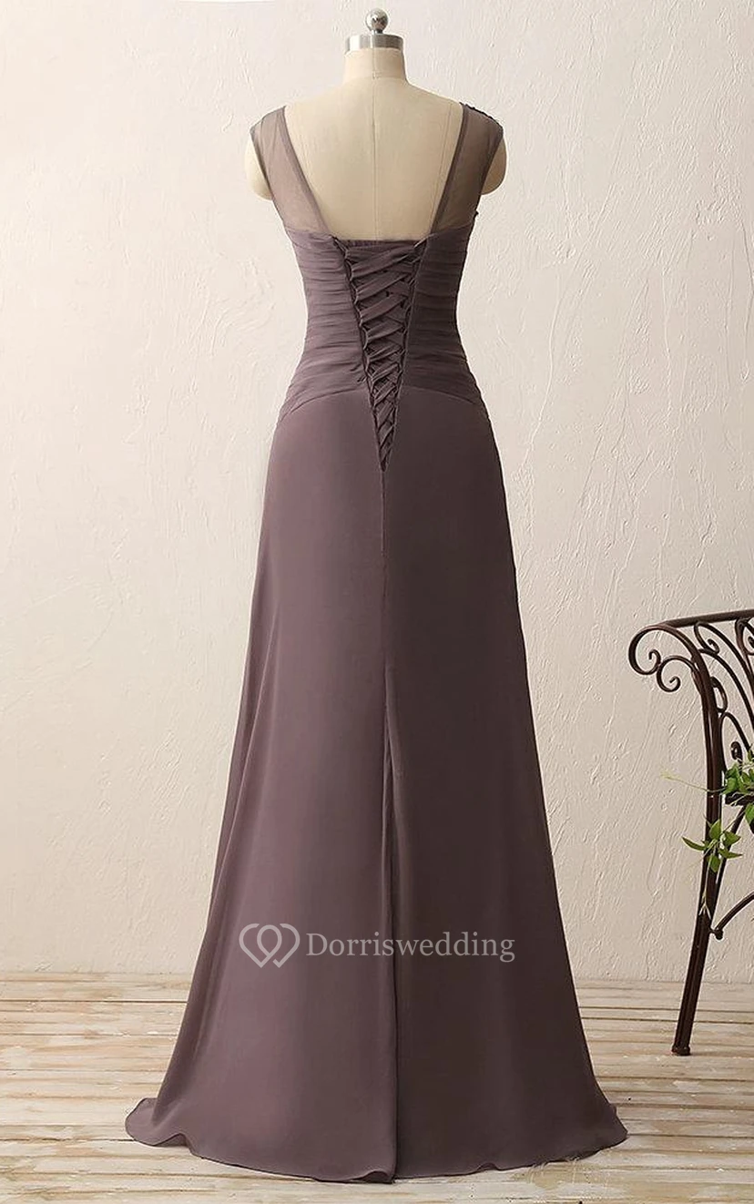Cap-sleeved A-line Gown with Appliques and Criss-cross Ruching view 4