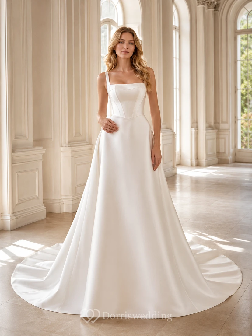 Robe de mariée minimaliste en satin, coupe trapèze plissée, col carré et traîne chapelle