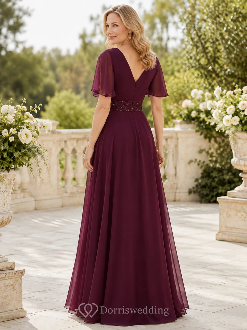 Burgundy Romantic V-Neck Chiffon A-Line Floor-Length Mother of the Bride Gown with Flutter Sleeves and Beaded Waist view 2