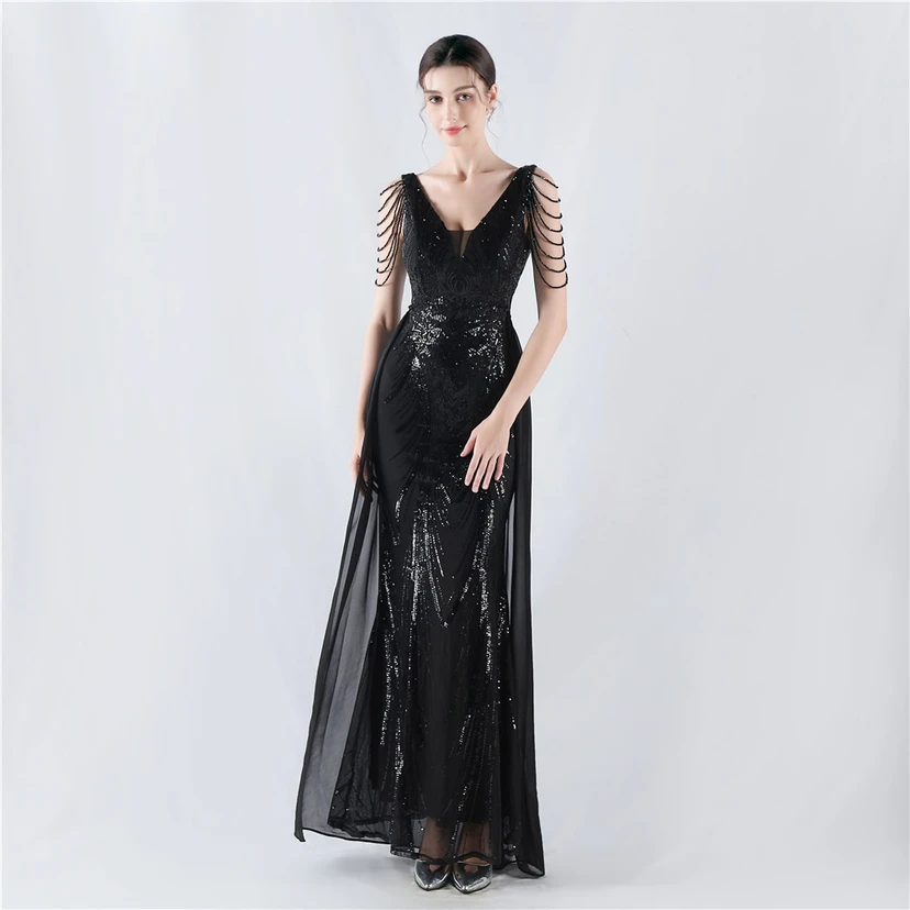 Paillettenbesetzte Blumen mit Cape-Stickerei, hochwertiges Abendkleid, ideal für die Ausrichtung der Jahrestagung view 11