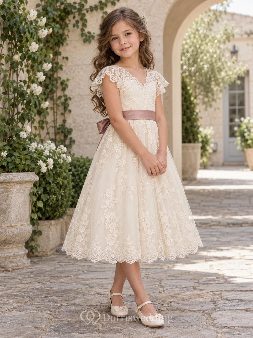 Vestido de niña de flores modesto, de corte A, color marfil, con estampado floral, encaje, mangas cortas y fajín de rosas.
