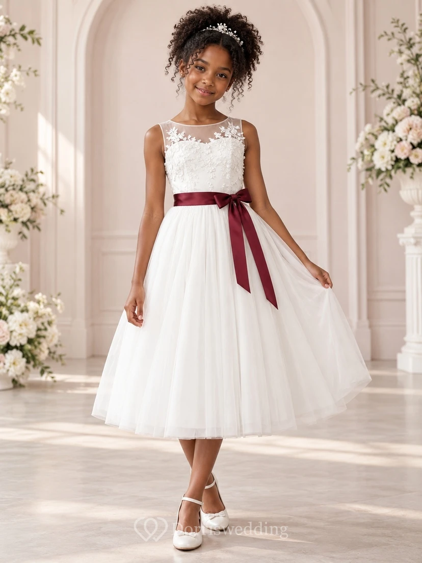 Vestido de niña de flores blanco modesto de corte A con estampado floral y sin mangas, con ribete de cinta burdeos.