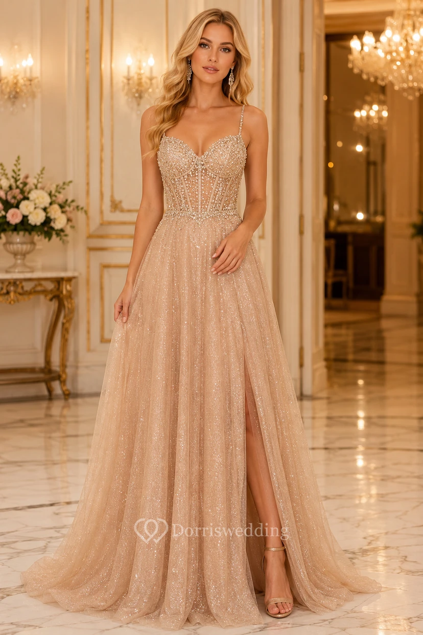 Ballkleid aus rosafarbenem Tüll, A-Linie, Spaghettiträgern, Pailletten, bodenlang