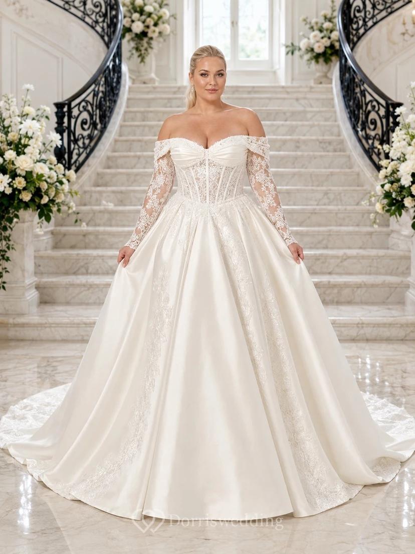 Elegantes Brautkleid in Übergröße: Langärmeliges, schulterfreies Satin-Ballkleid