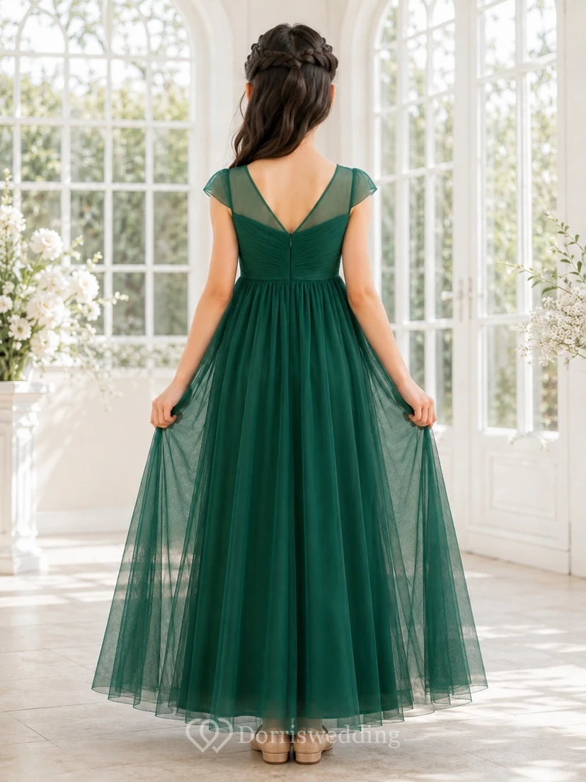 Smaragdgrünes Brautjungfernkleid für junge Mädchen, A-Linie, herzförmiger Schnitt, kurze Ärmel, Tüll, gestuft, romantisch, formell view 2