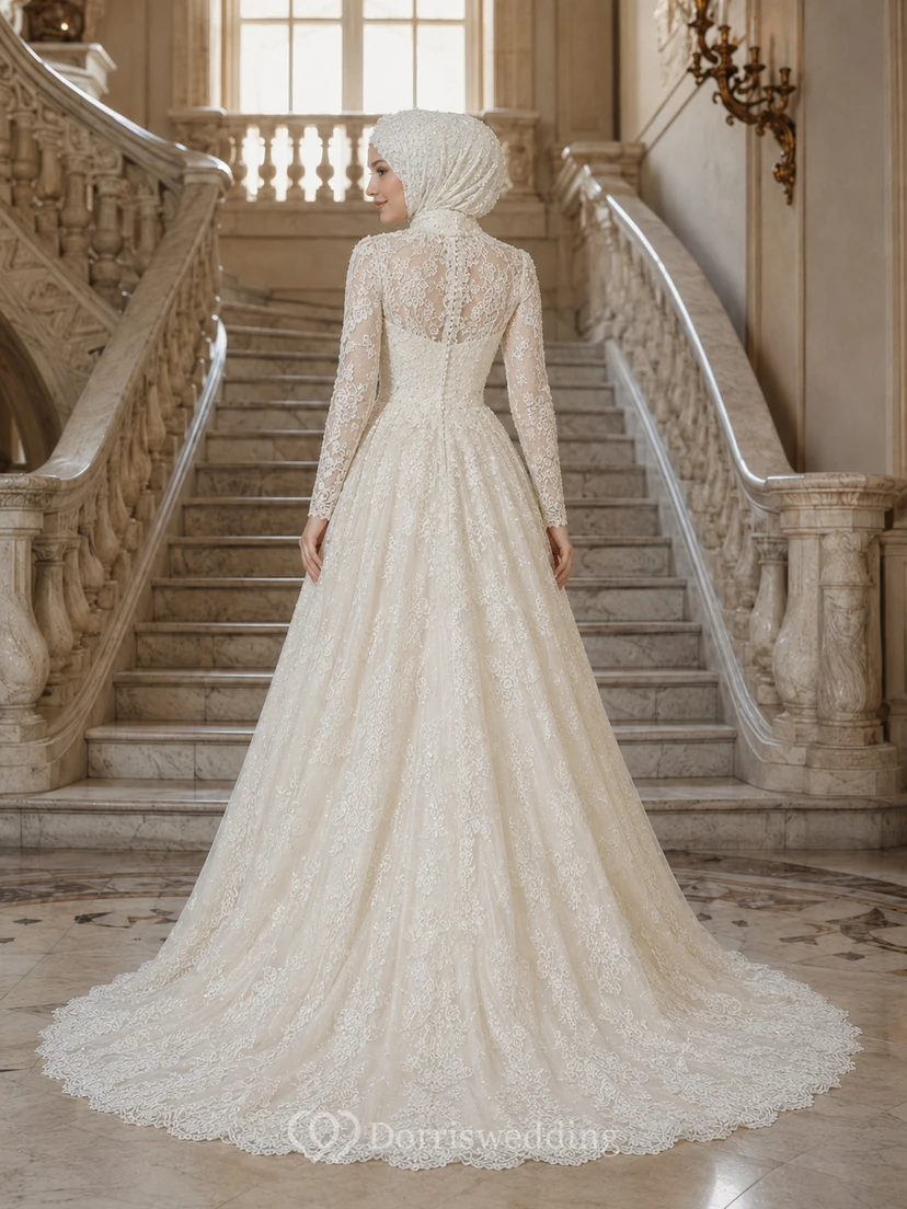 Vintage muslimisches Brautkleid mit langen Ärmeln, Spitze, hohem Kragen und A-Linie view 2