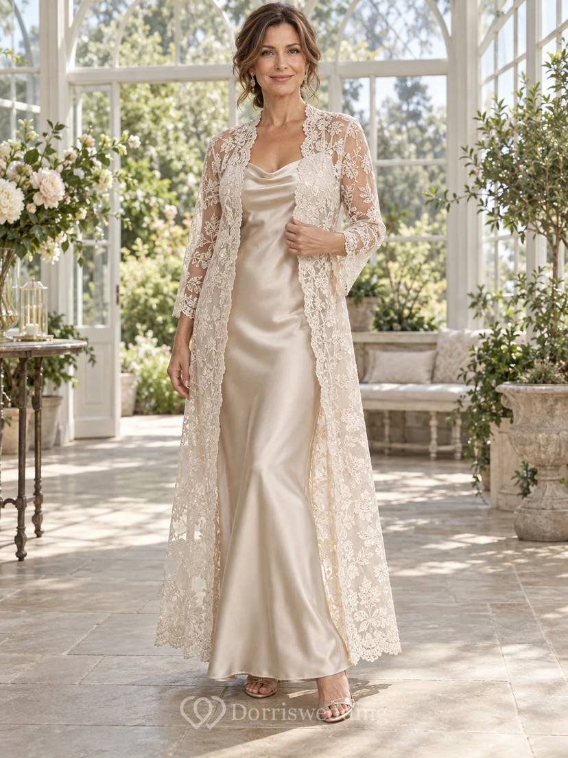 Second Wedding Lace Coat Satin Slip Square Neck Sheath Long Sleeve Floor Length Elegant Dress