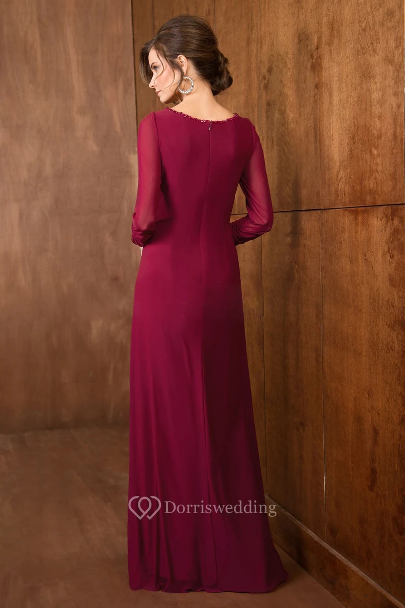 3-4 Sleeved A-Line Long Flowy Gown With Beadings And Pleats view 2