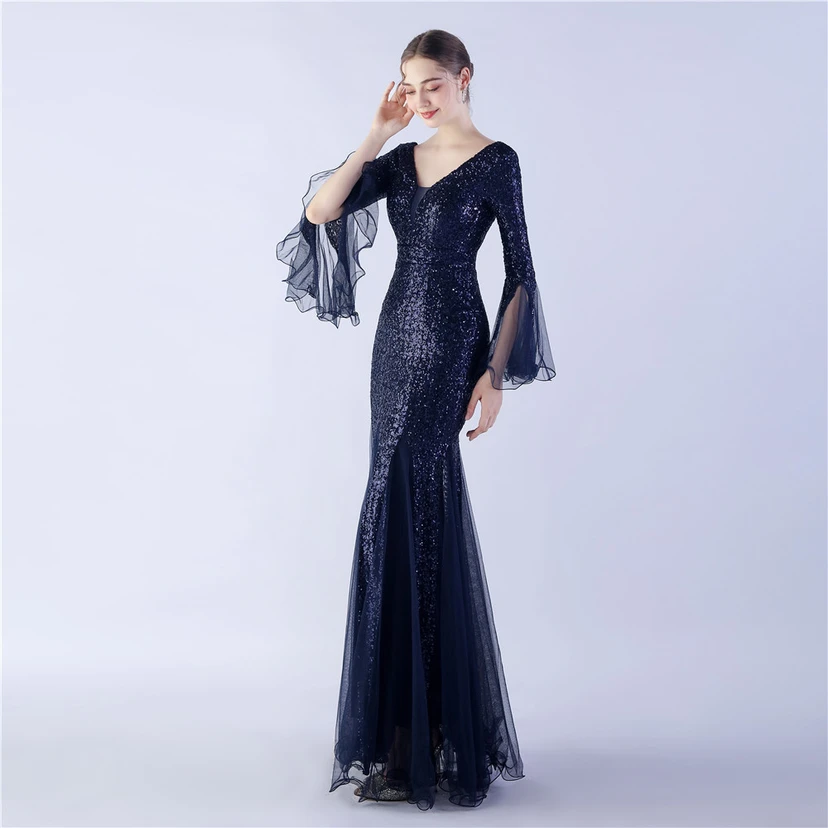 Vestido de noche con lentejuelas, bordado de malla encriptada, estilo artesanal de seda de pez y borde ondulado. view 10
