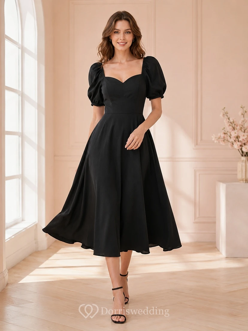 Romantic Black Sweetheart Puff Sleeve Satin Tea Length Cocktail Dress