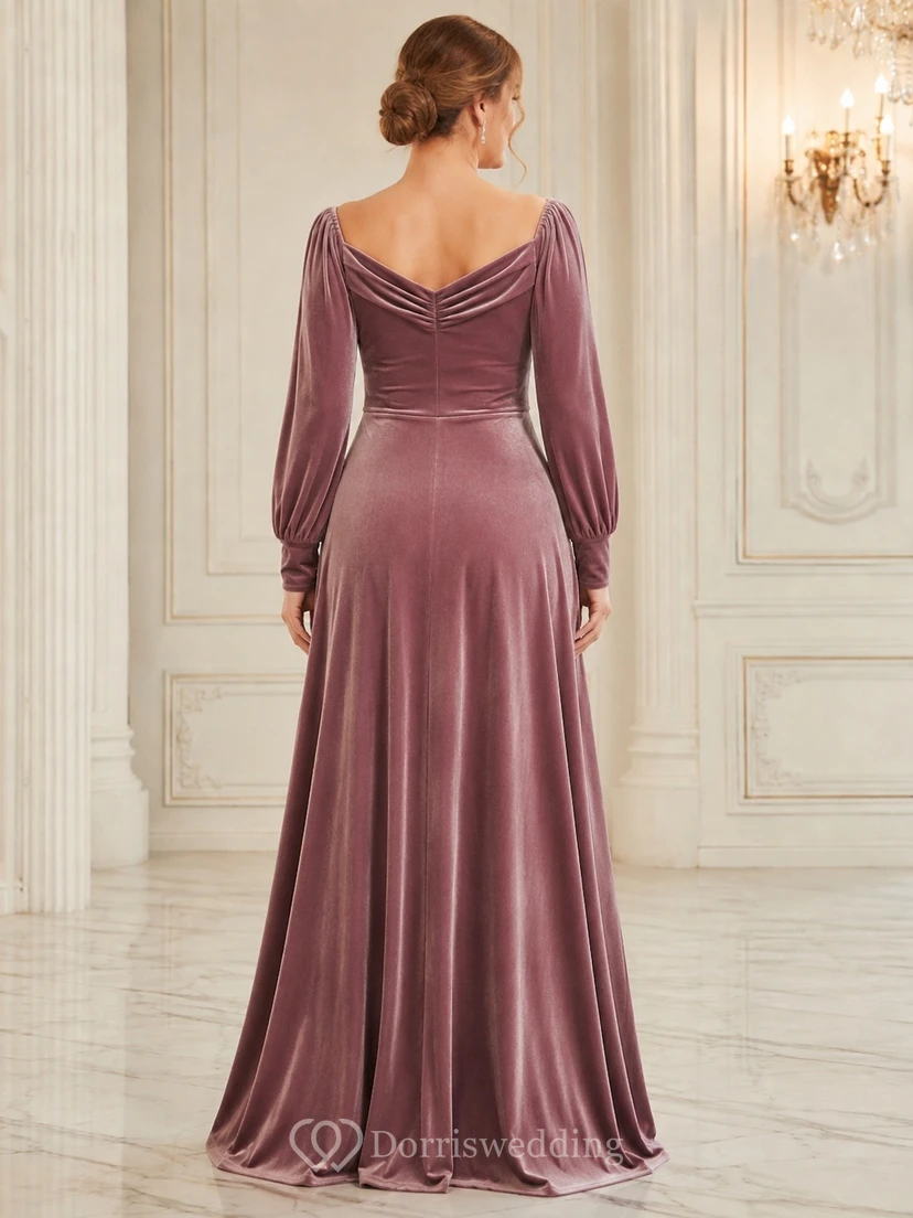 Vintage Mauve Cowl Neck Long Sleeve Velvet A-Line Floor-Length Dinner Dress view 2