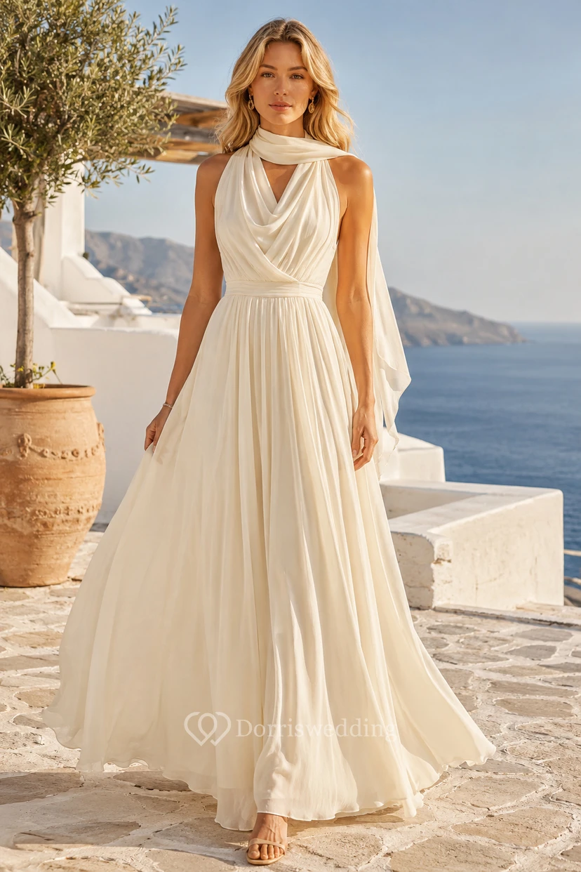 Vestido formal de gasa color marfil con escote halter y corte en A, con pañuelo.