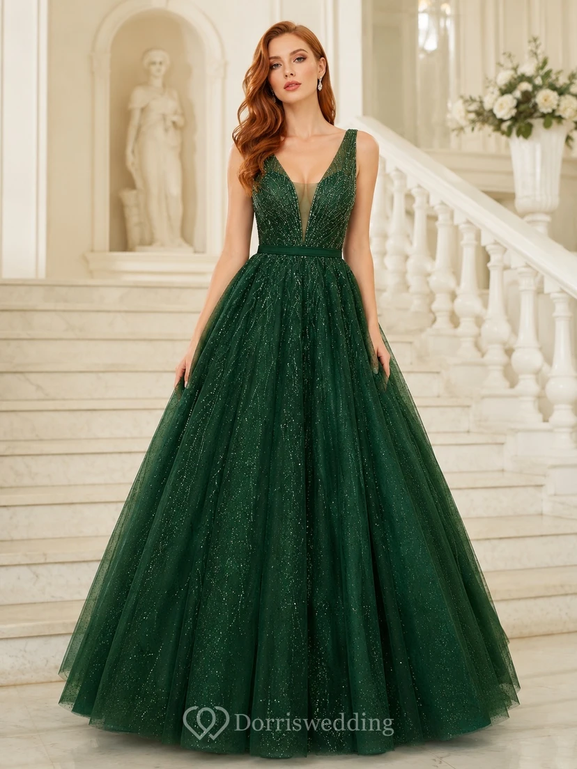 Dark Green Sequins Tulle V-neck Sleeveless Floor-length Ball Gown Formal Dress