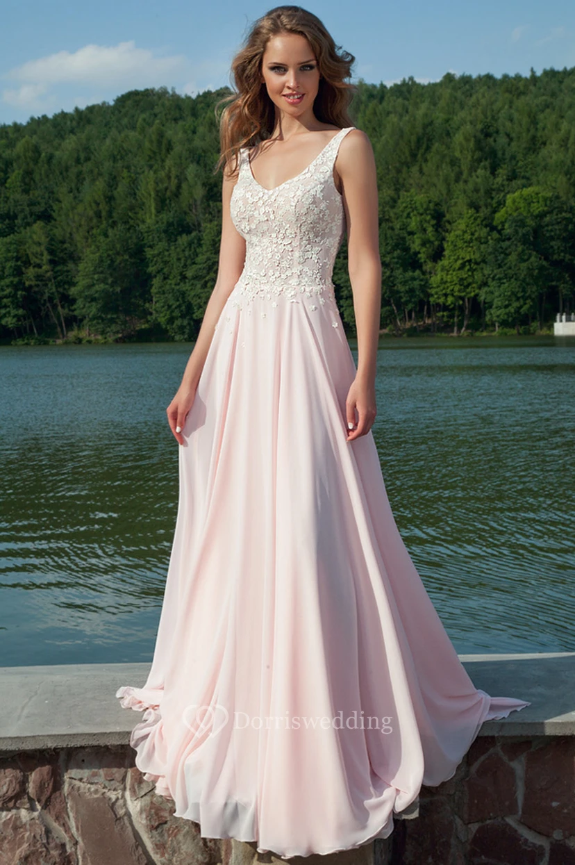 Ärmelloses, bodenlanges Chiffon-Abendkleid mit V-Ausschnitt, Applikationen und Etui-Schnitt