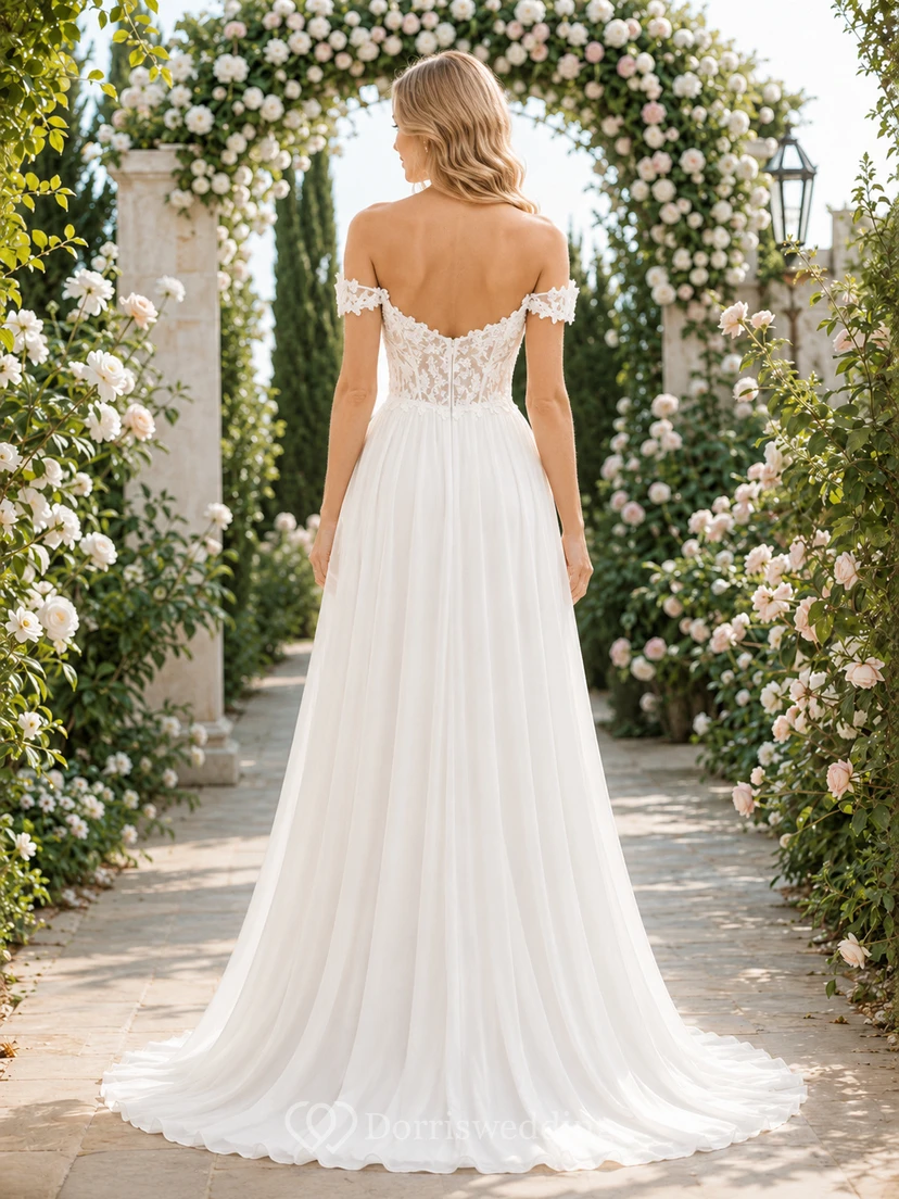 Schulterfreies Brautkleid aus Chiffon mit Spitzenoberteil und Chiffon view 2