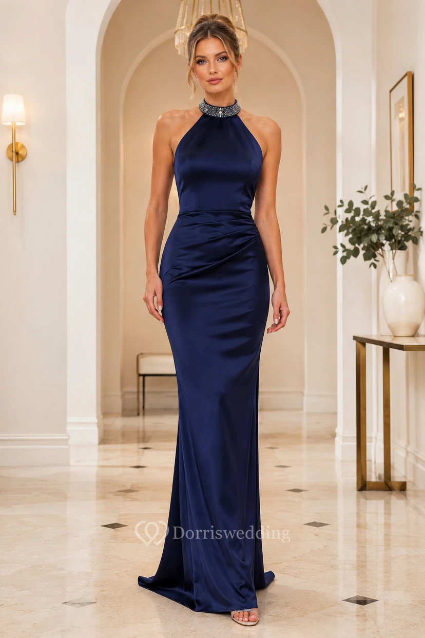 Dark Navy Halter Sheath Evening Dress with Open Back