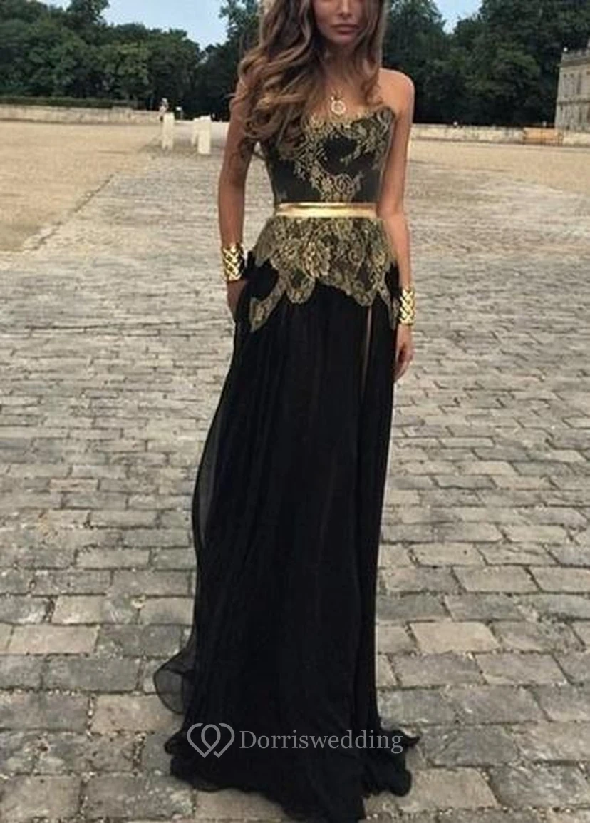 Sexy Sweetheart Gold Appliques Black Evening Dress Long on Sale