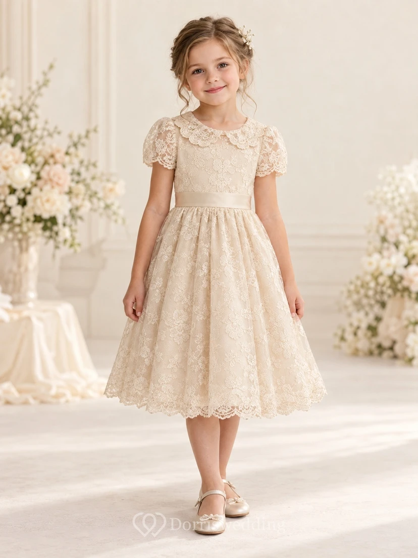 Knee-length Vintage Champagne Floral A-line Lace Puff-sleeve Scalloped Flower Girl Dress