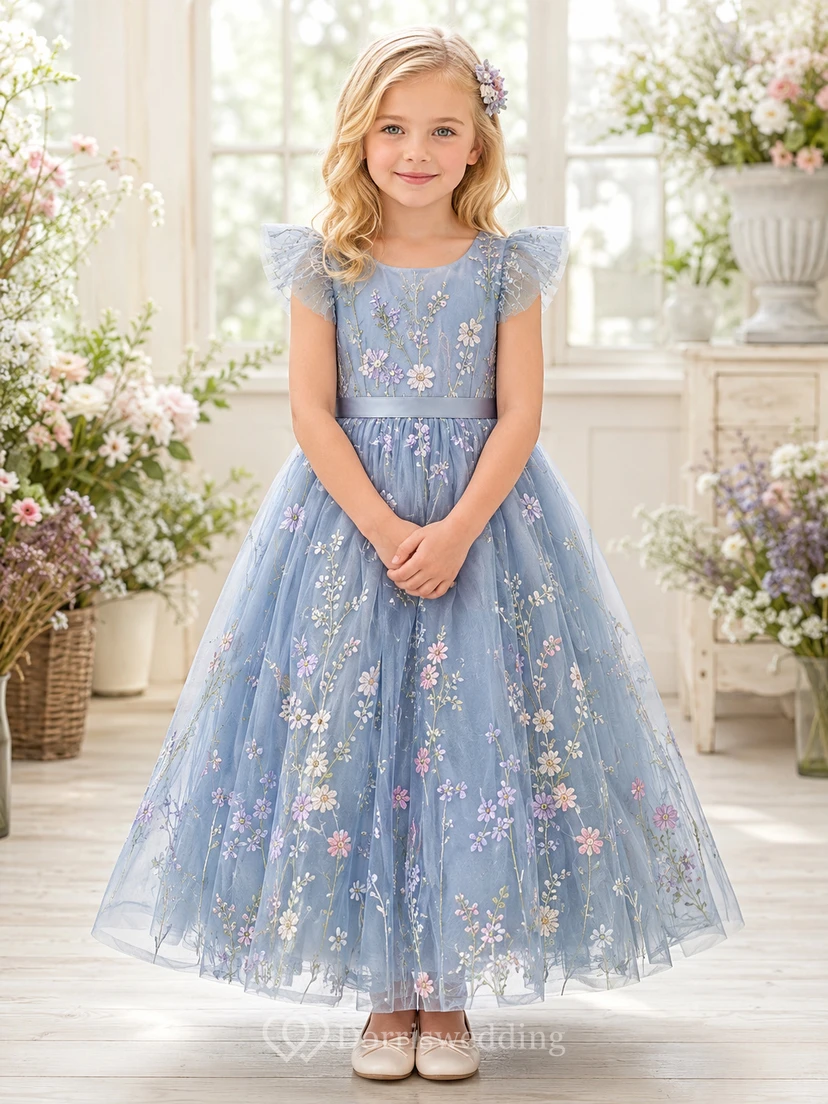 Sky Blue Romantic Floral Embroidery Tulle Flower Girl Tea-Length Petal Sleeve Garden Dress