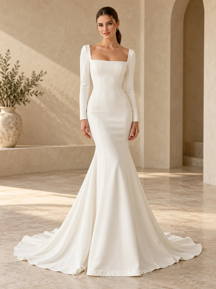 Simple Square Neck Long Sleeve Satin Mermaid Sweep Train Wedding Dress